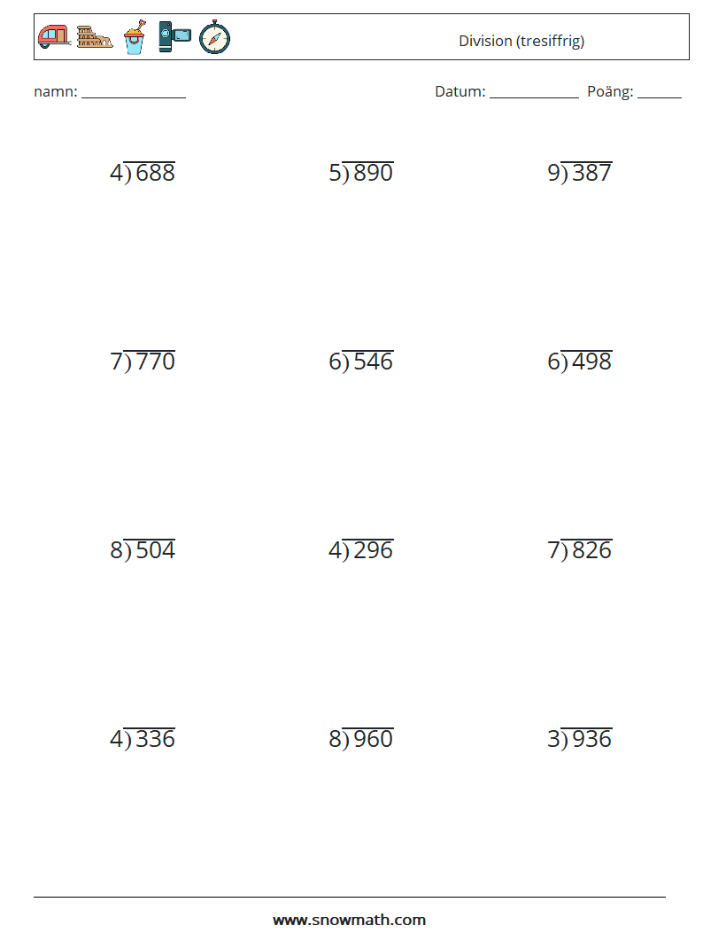 (12) Division (tresiffrig) Matematiska arbetsblad 17