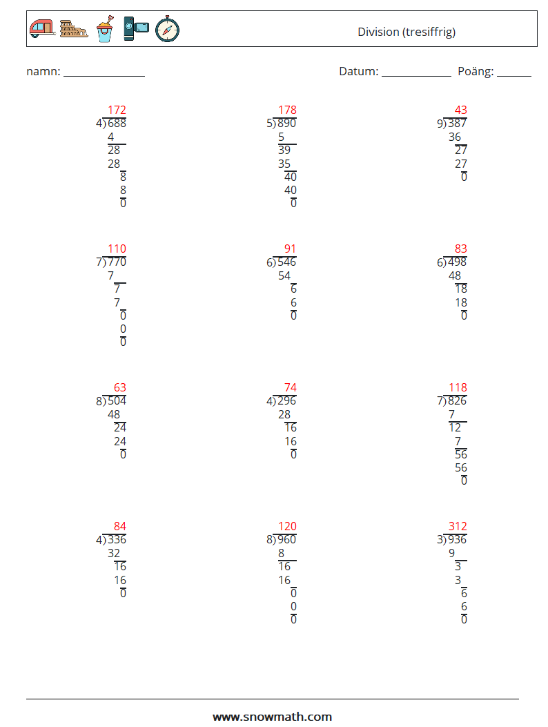 (12) Division (tresiffrig) Matematiska arbetsblad 17 Fråga, svar