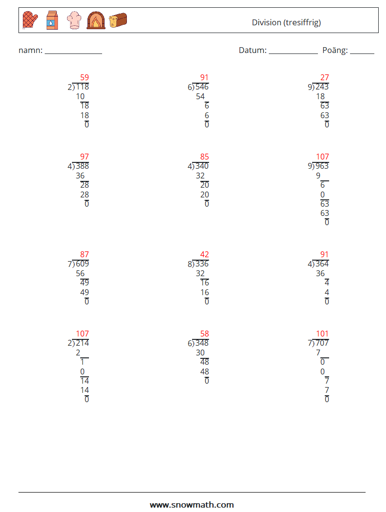 (12) Division (tresiffrig) Matematiska arbetsblad 3 Fråga, svar