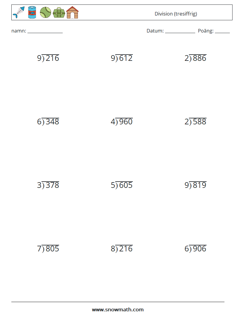 (12) Division (tresiffrig) Matematiska arbetsblad 4