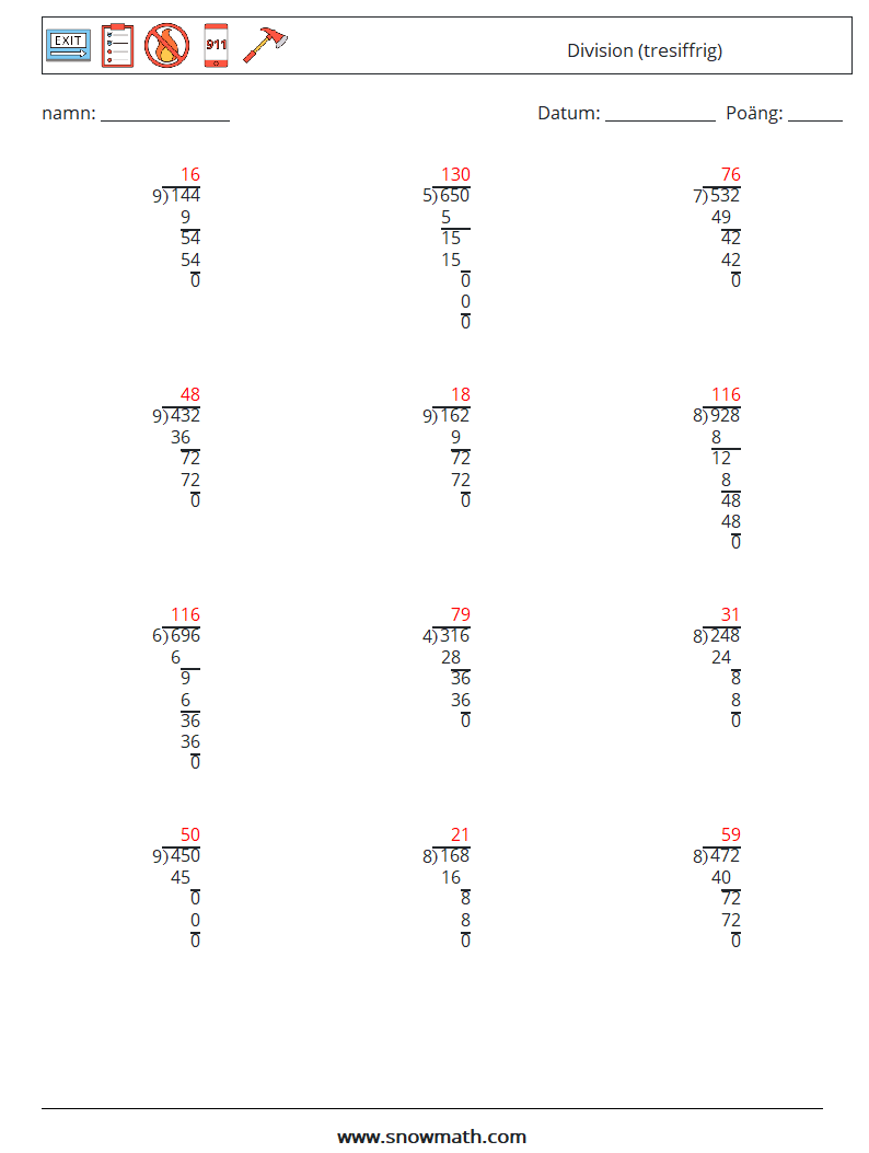 (12) Division (tresiffrig) Matematiska arbetsblad 6 Fråga, svar