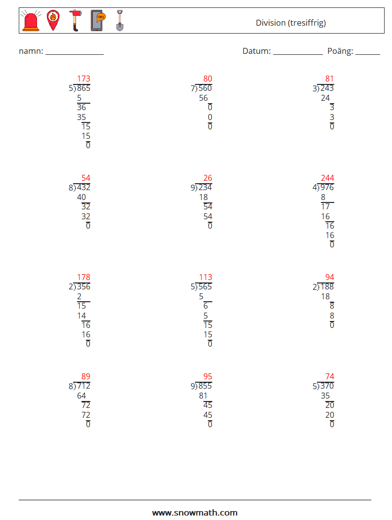 (12) Division (tresiffrig) Matematiska arbetsblad 7 Fråga, svar