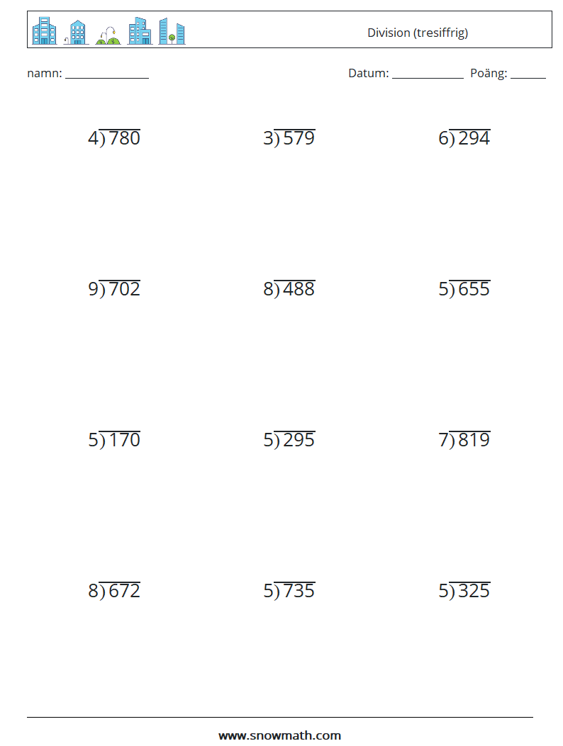 (12) Division (tresiffrig) Matematiska arbetsblad 8