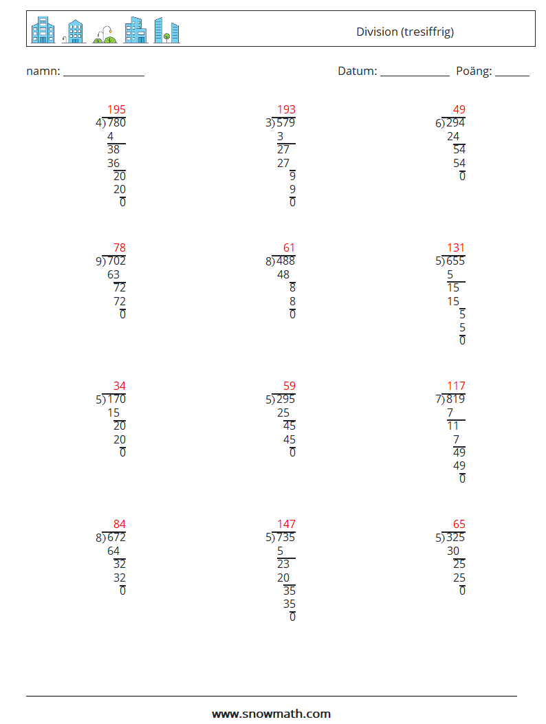 (12) Division (tresiffrig) Matematiska arbetsblad 8 Fråga, svar