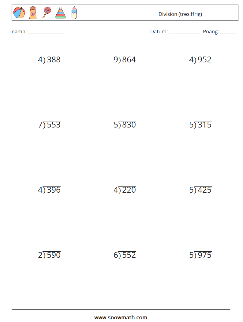 (12) Division (tresiffrig) Matematiska arbetsblad 9