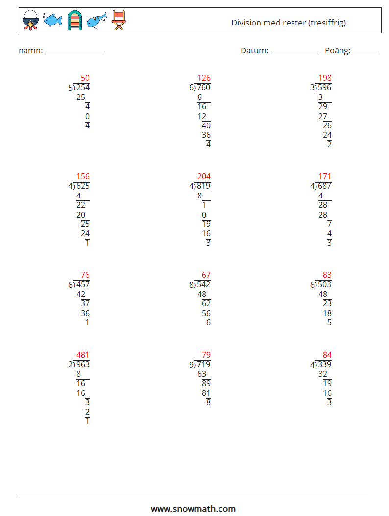(12) Division med rester (tresiffrig) Matematiska arbetsblad 11 Fråga, svar