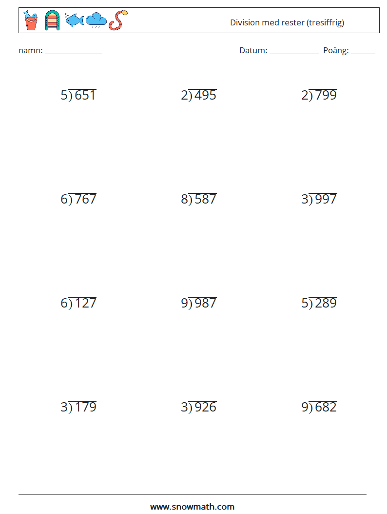 (12) Division med rester (tresiffrig) Matematiska arbetsblad 16