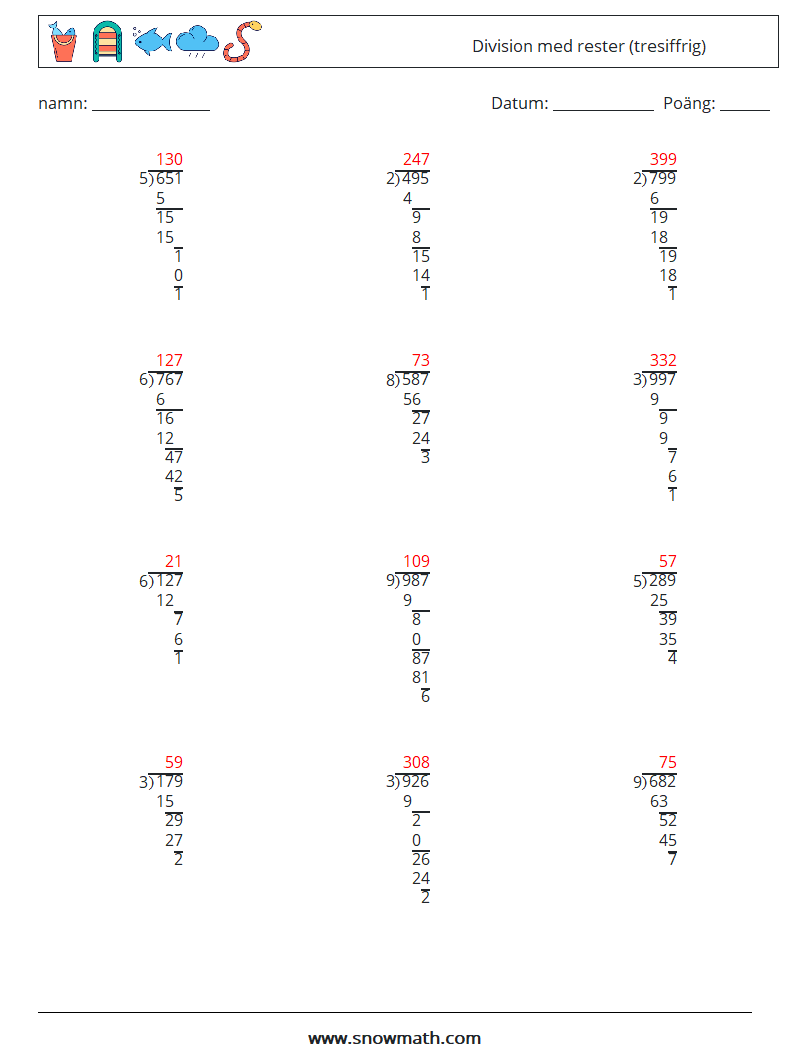 (12) Division med rester (tresiffrig) Matematiska arbetsblad 16 Fråga, svar