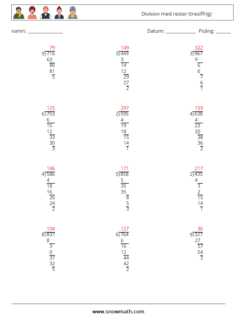 (12) Division med rester (tresiffrig) Matematiska arbetsblad 1 Fråga, svar