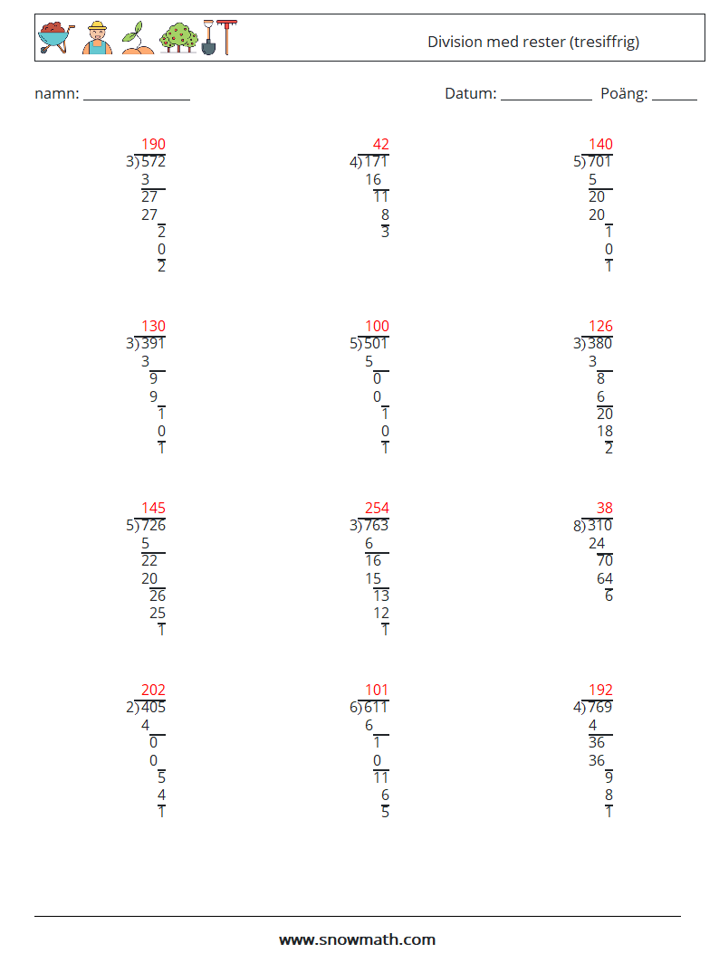 (12) Division med rester (tresiffrig) Matematiska arbetsblad 2 Fråga, svar