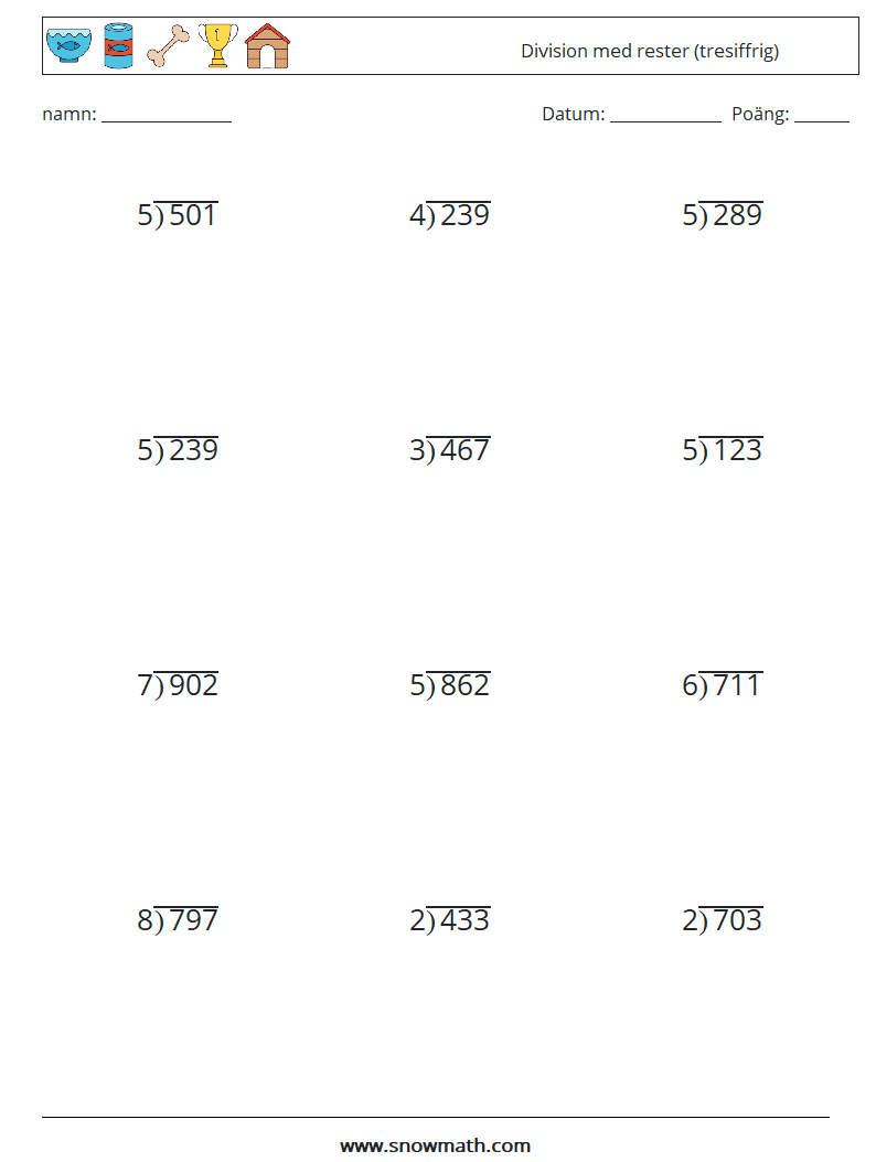 (12) Division med rester (tresiffrig) Matematiska arbetsblad 3