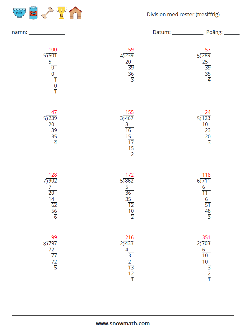 (12) Division med rester (tresiffrig) Matematiska arbetsblad 3 Fråga, svar