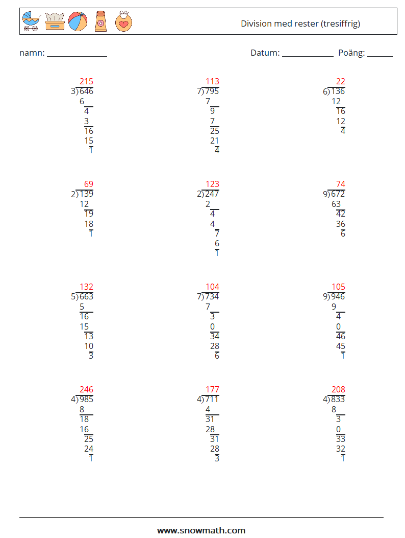 (12) Division med rester (tresiffrig) Matematiska arbetsblad 4 Fråga, svar