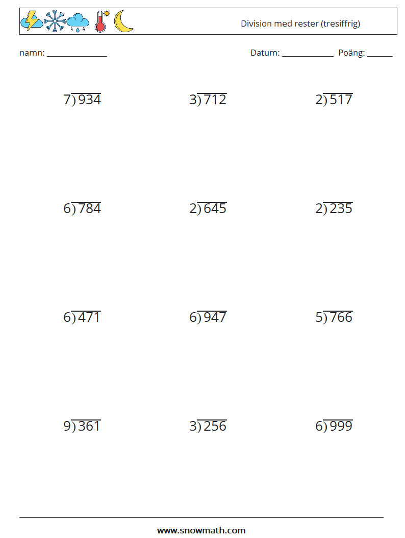 (12) Division med rester (tresiffrig) Matematiska arbetsblad 5