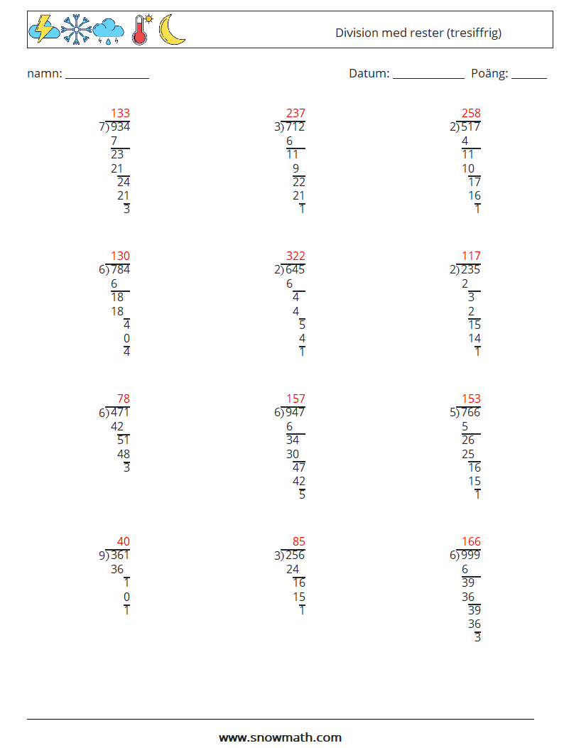 (12) Division med rester (tresiffrig) Matematiska arbetsblad 5 Fråga, svar