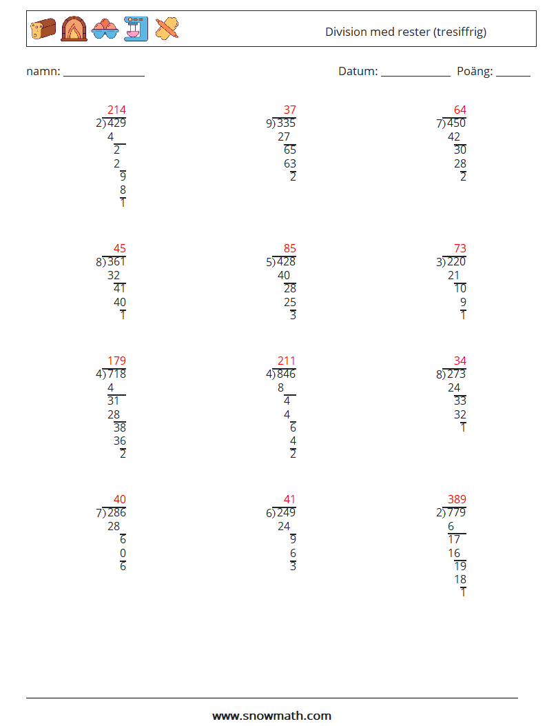 (12) Division med rester (tresiffrig) Matematiska arbetsblad 6 Fråga, svar