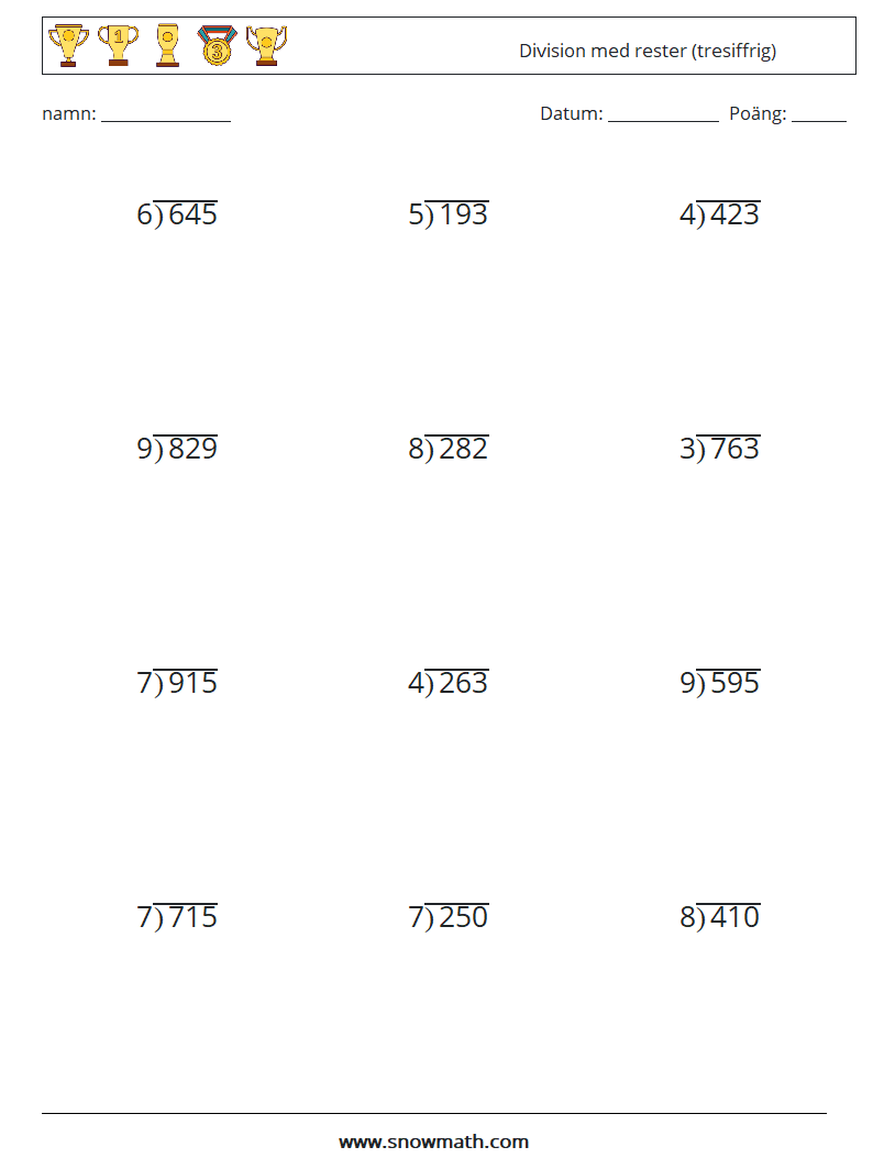 (12) Division med rester (tresiffrig) Matematiska arbetsblad 7