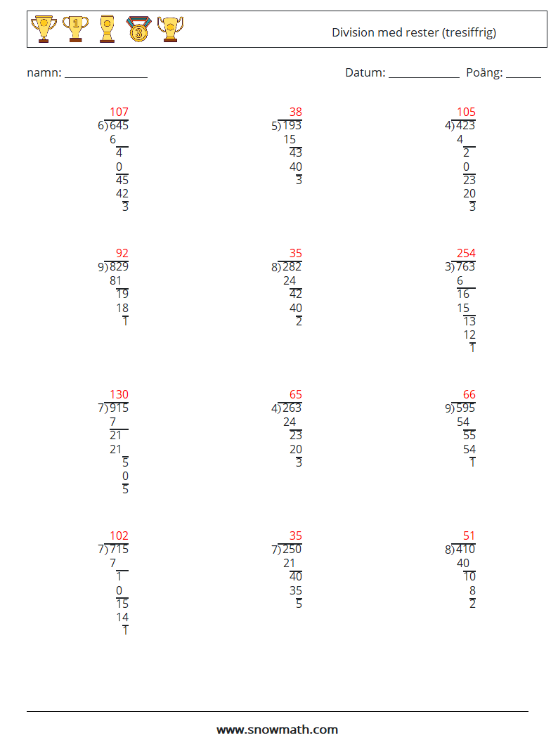 (12) Division med rester (tresiffrig) Matematiska arbetsblad 7 Fråga, svar