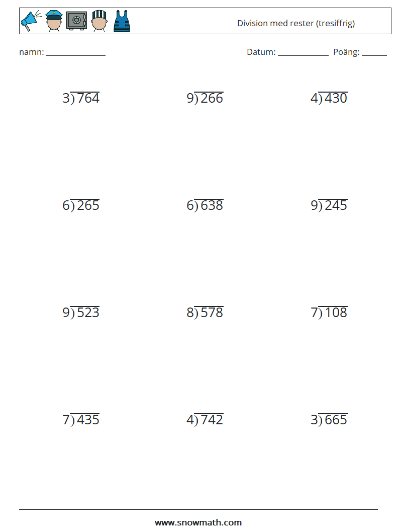 (12) Division med rester (tresiffrig) Matematiska arbetsblad 9