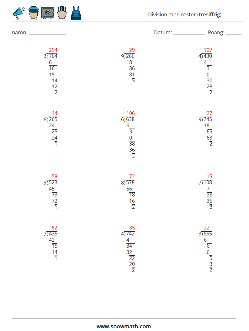 (12) Division med rester (tresiffrig) Matematiska arbetsblad 9 Fråga, svar