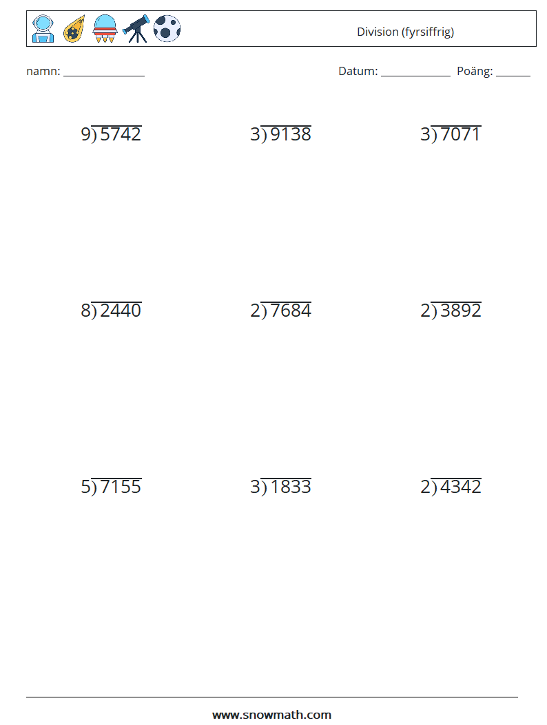 (9) Division (fyrsiffrig) Matematiska arbetsblad 13