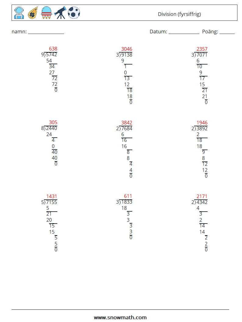 (9) Division (fyrsiffrig) Matematiska arbetsblad 13 Fråga, svar