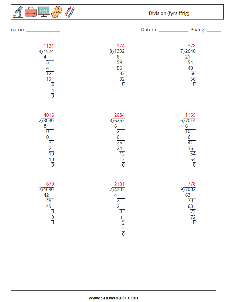 (9) Division (fyrsiffrig) Matematiska arbetsblad 14 Fråga, svar