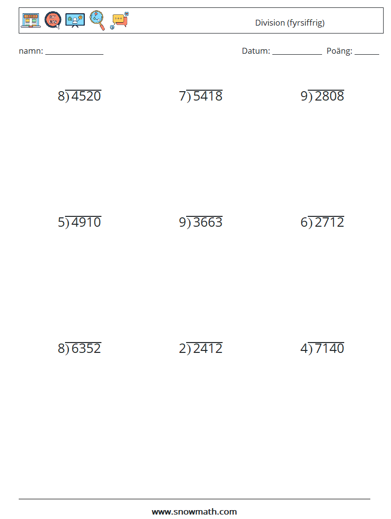 (9) Division (fyrsiffrig) Matematiska arbetsblad 15