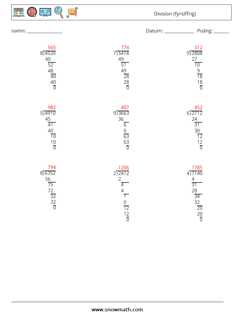 (9) Division (fyrsiffrig) Matematiska arbetsblad 15 Fråga, svar