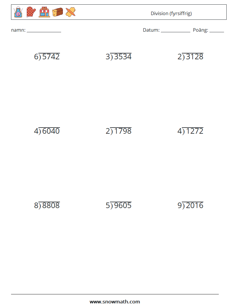 (9) Division (fyrsiffrig) Matematiska arbetsblad 16