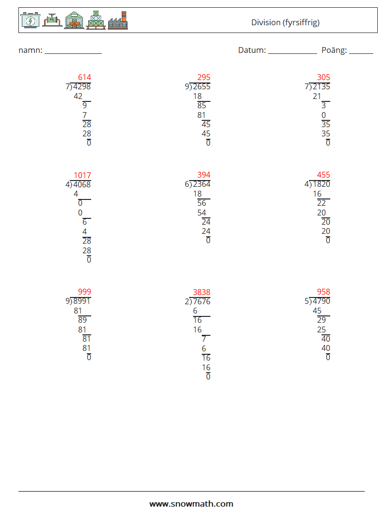 (9) Division (fyrsiffrig) Matematiska arbetsblad 18 Fråga, svar