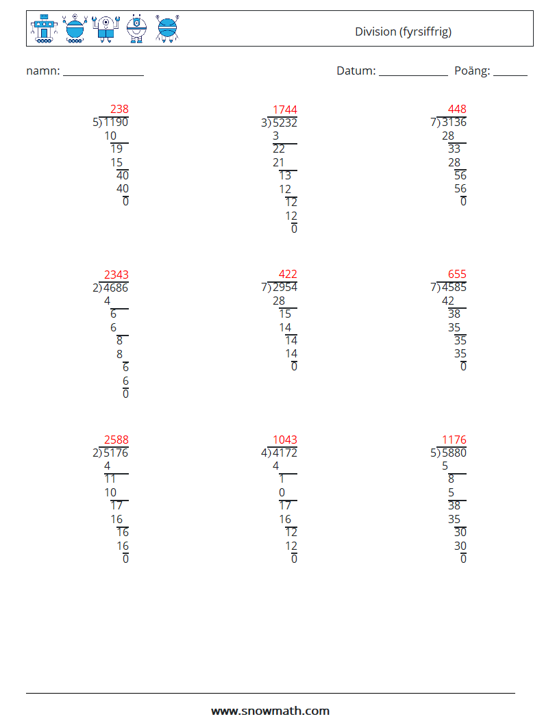 (9) Division (fyrsiffrig) Matematiska arbetsblad 1 Fråga, svar