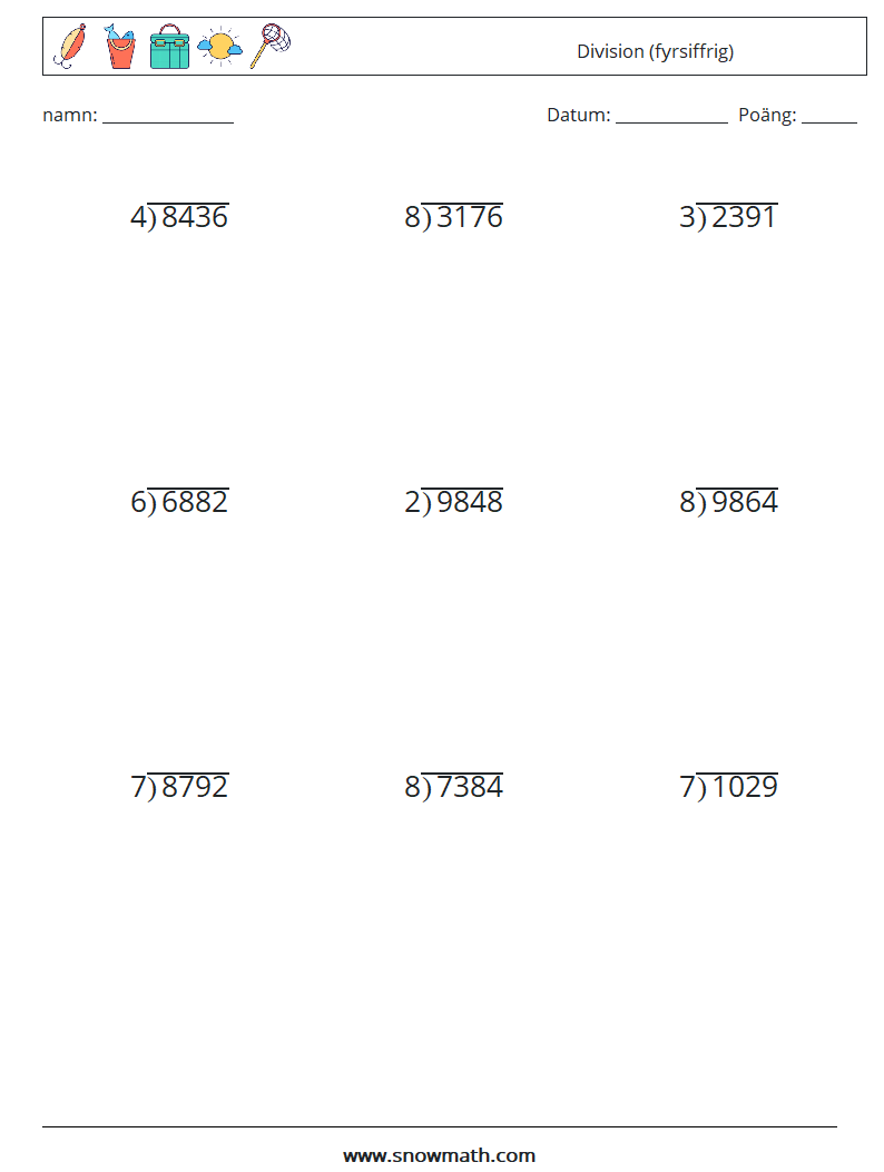 (9) Division (fyrsiffrig) Matematiska arbetsblad 2