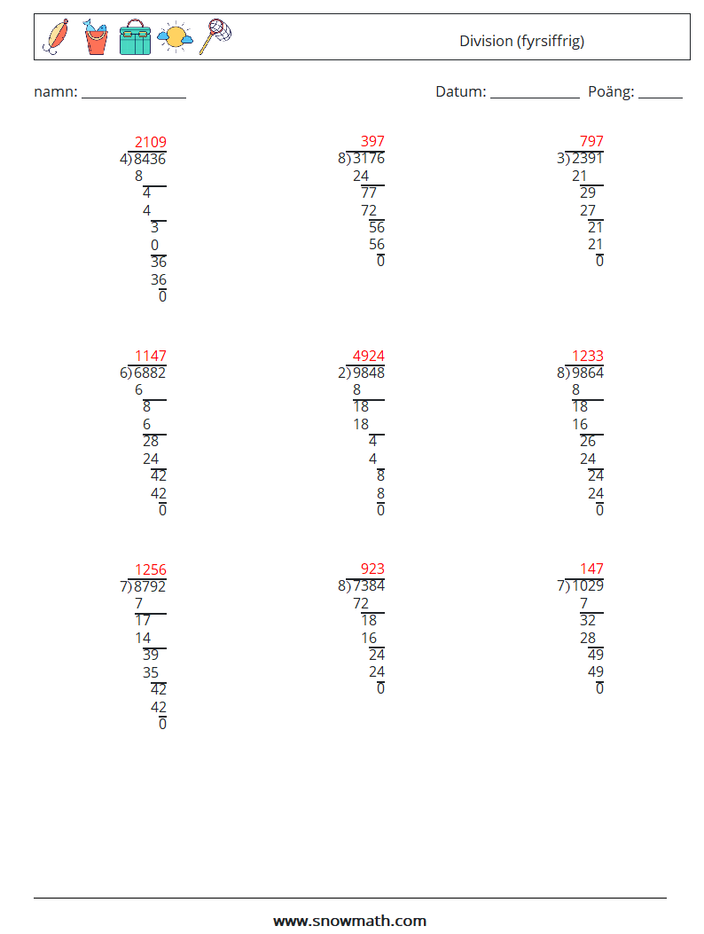 (9) Division (fyrsiffrig) Matematiska arbetsblad 2 Fråga, svar