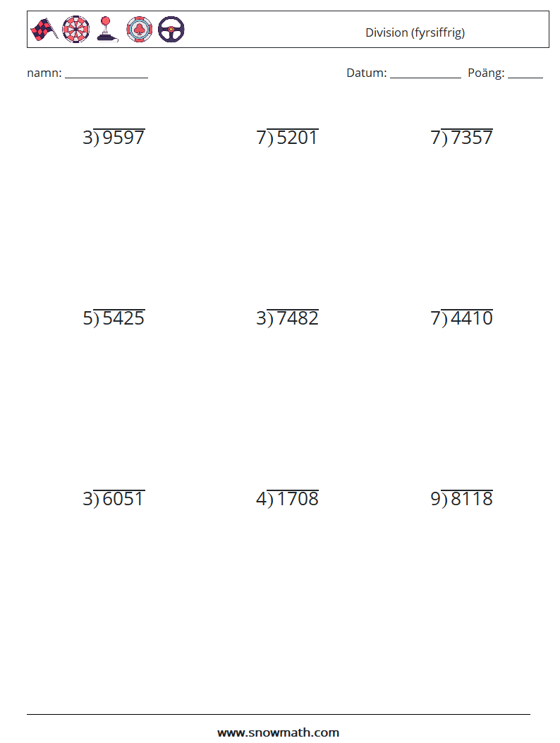 (9) Division (fyrsiffrig) Matematiska arbetsblad 3