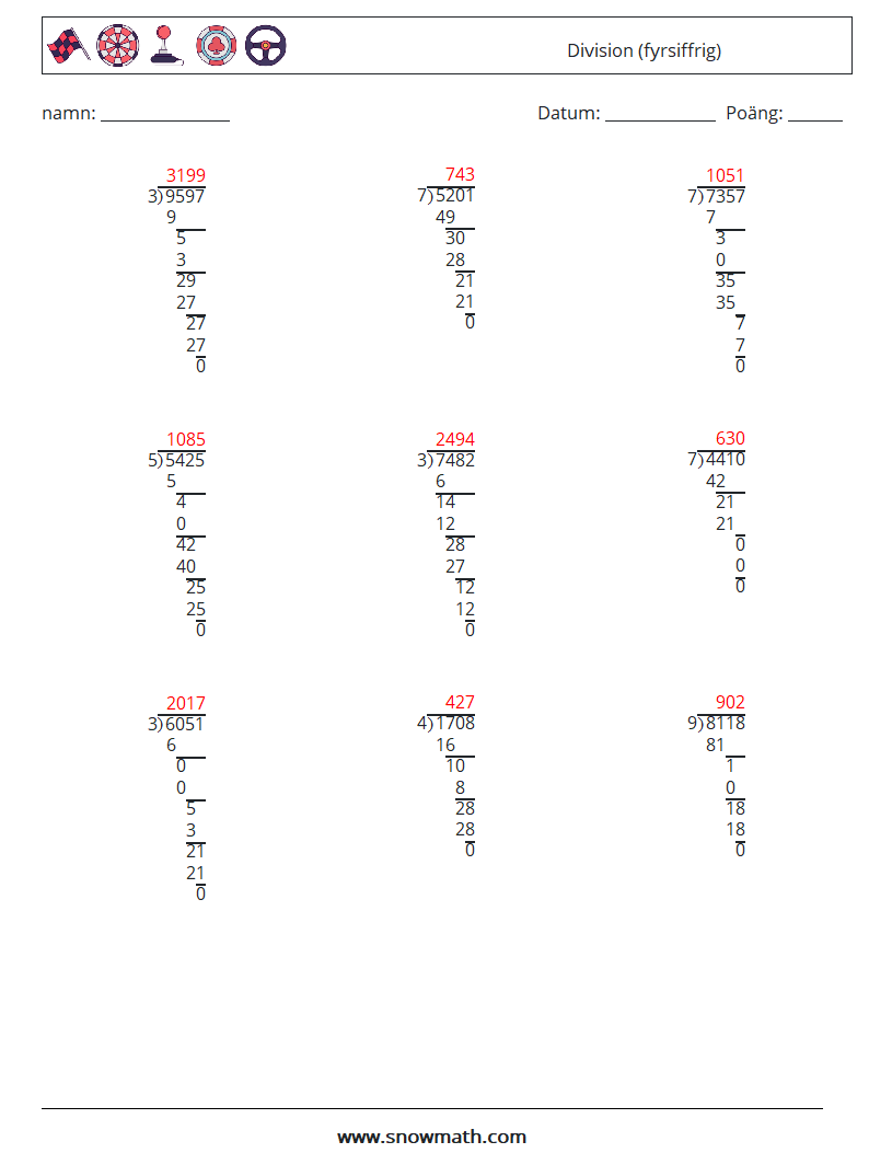 (9) Division (fyrsiffrig) Matematiska arbetsblad 3 Fråga, svar