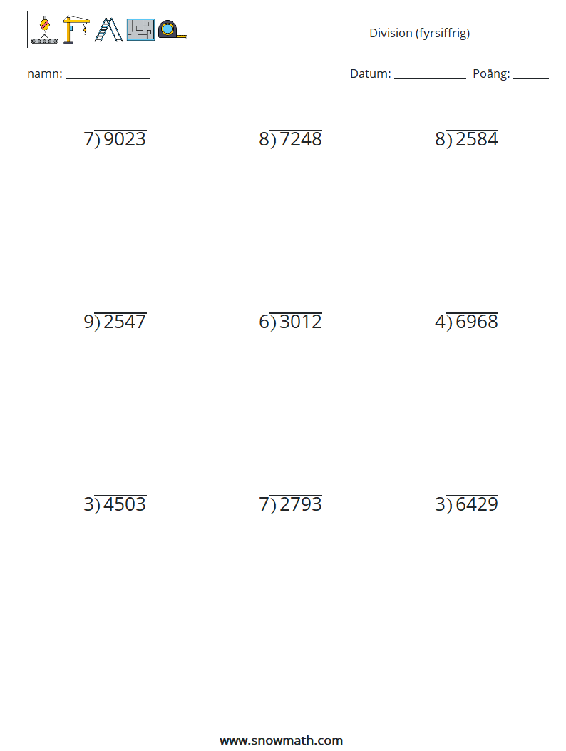 (9) Division (fyrsiffrig) Matematiska arbetsblad 4