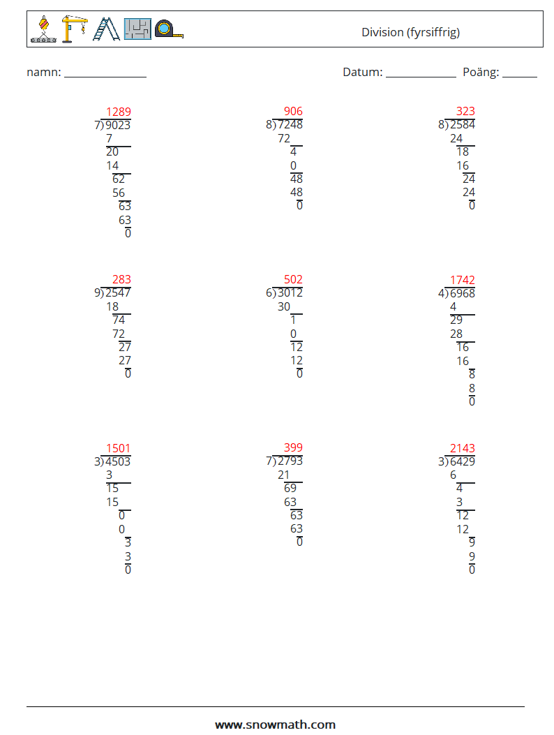 (9) Division (fyrsiffrig) Matematiska arbetsblad 4 Fråga, svar