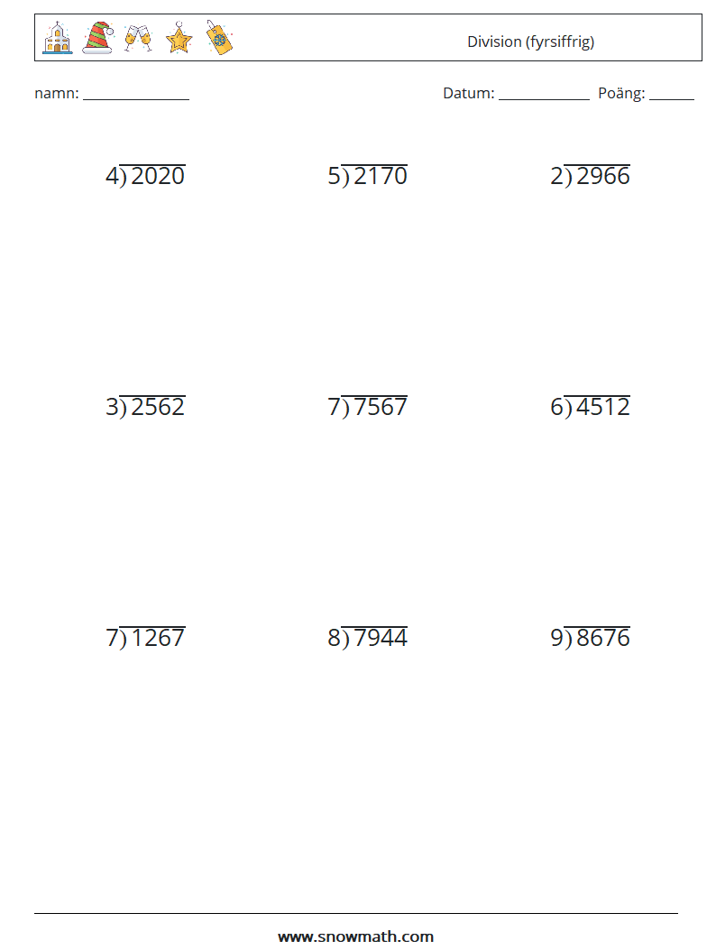 (9) Division (fyrsiffrig) Matematiska arbetsblad 5