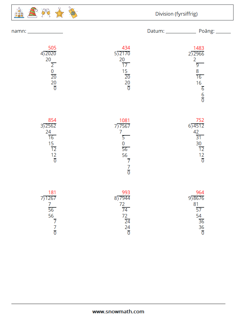 (9) Division (fyrsiffrig) Matematiska arbetsblad 5 Fråga, svar