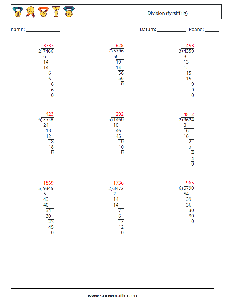 (9) Division (fyrsiffrig) Matematiska arbetsblad 6 Fråga, svar