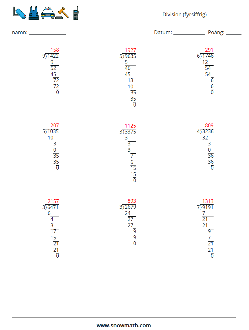 (9) Division (fyrsiffrig) Matematiska arbetsblad 7 Fråga, svar