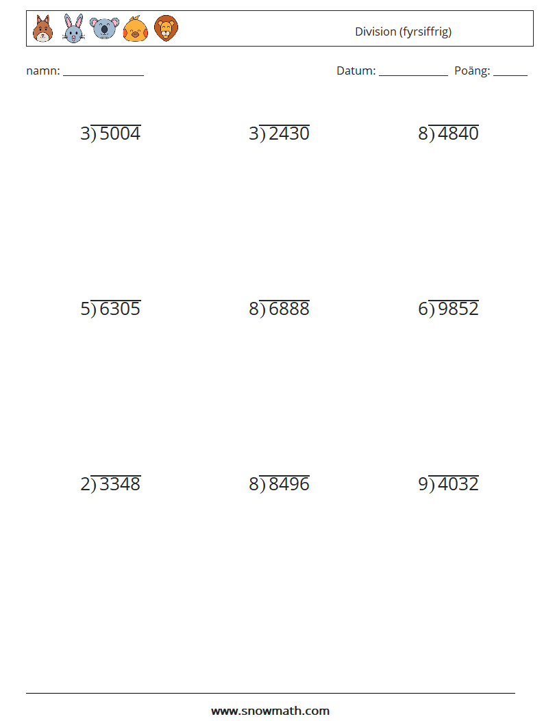 (9) Division (fyrsiffrig) Matematiska arbetsblad 9