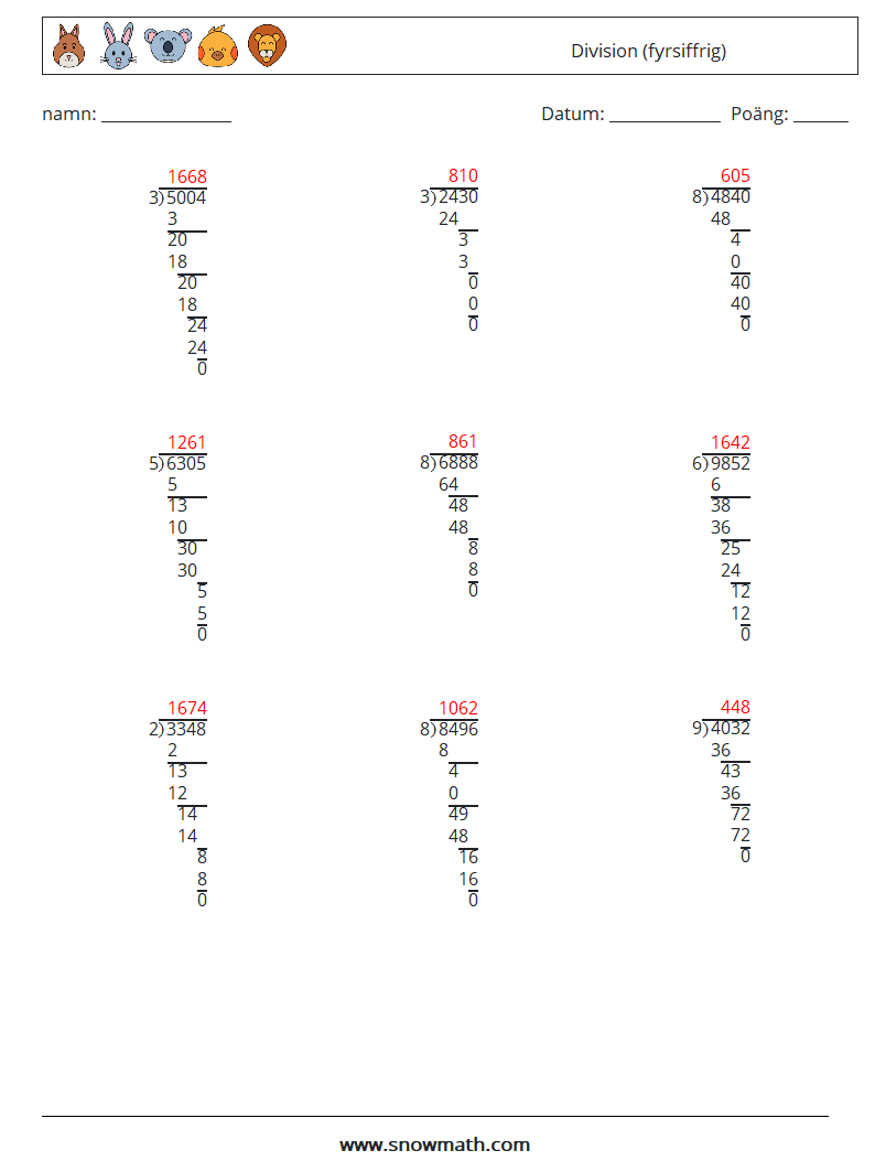 (9) Division (fyrsiffrig) Matematiska arbetsblad 9 Fråga, svar