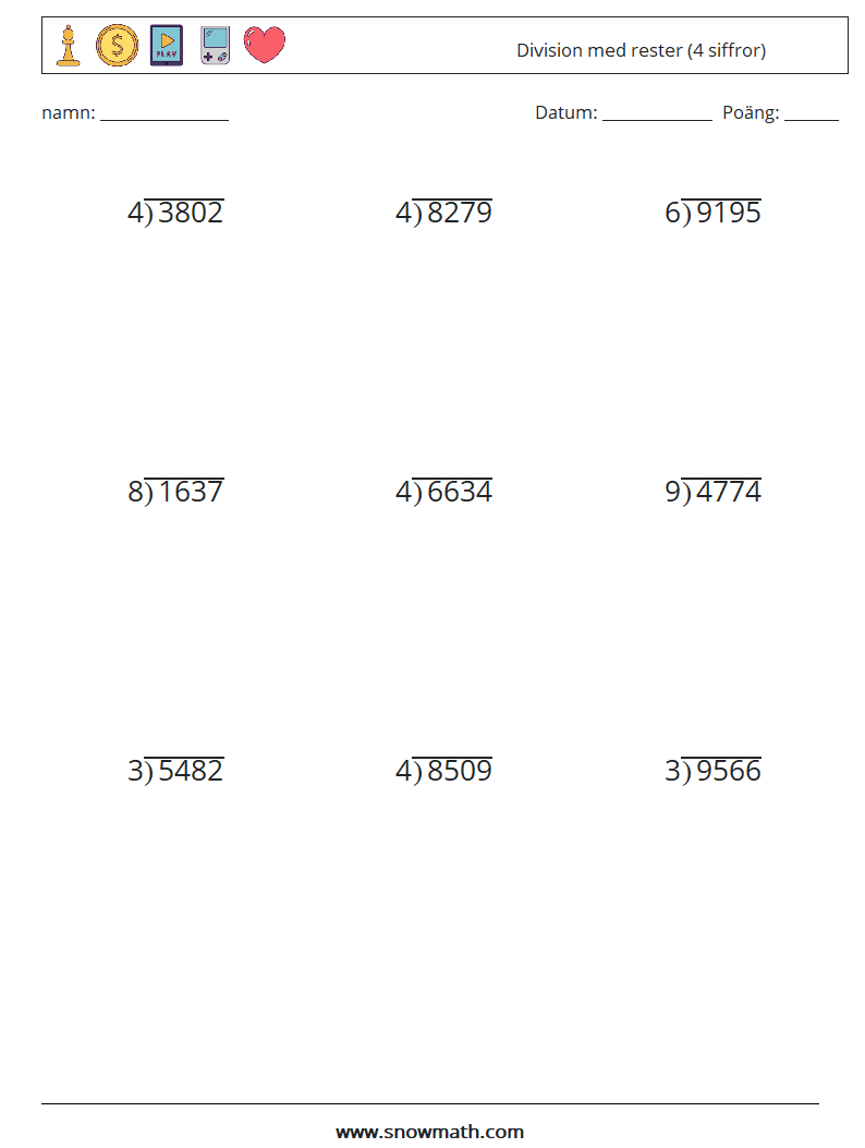 (9) Division med rester (4 siffror)