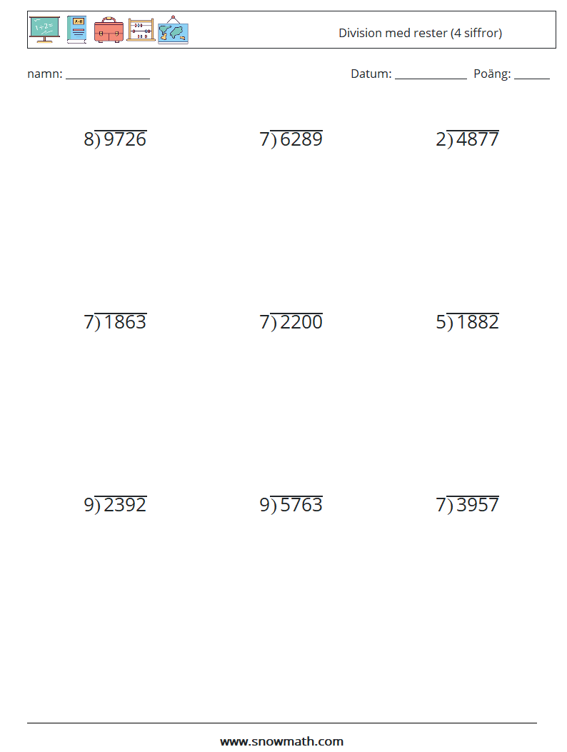 (9) Division med rester (4 siffror) Matematiska arbetsblad 10