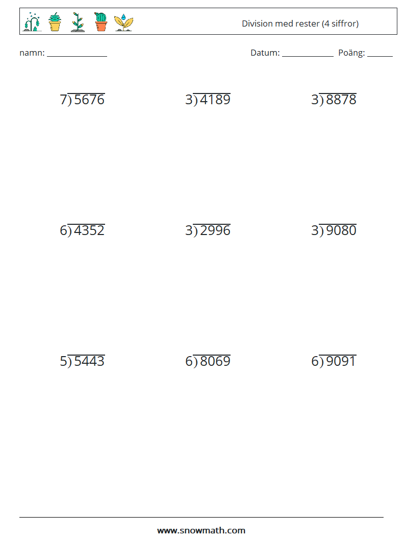 (9) Division med rester (4 siffror) Matematiska arbetsblad 11