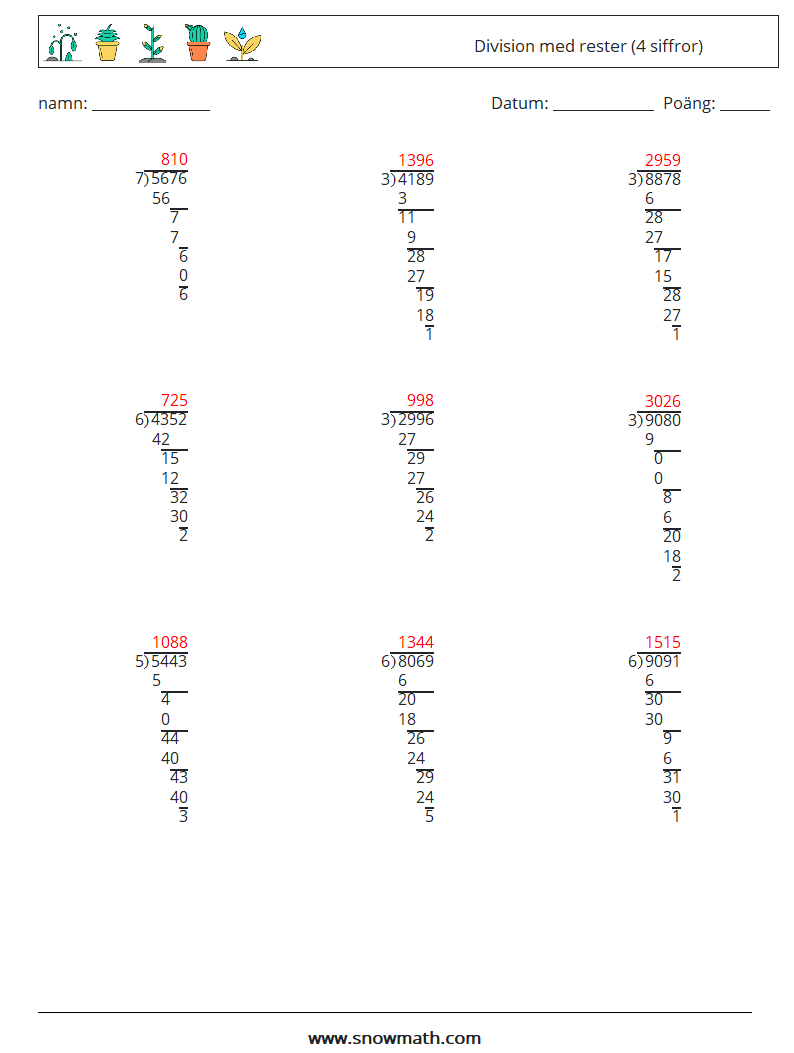 (9) Division med rester (4 siffror) Matematiska arbetsblad 11 Fråga, svar