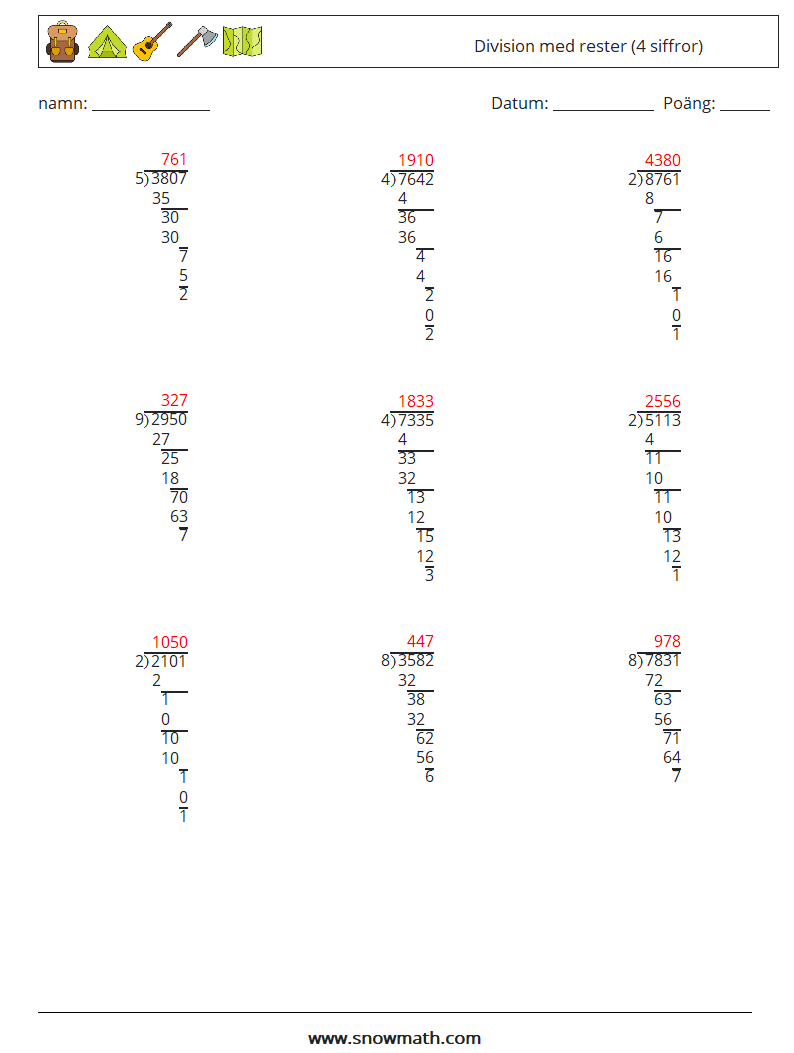 (9) Division med rester (4 siffror) Matematiska arbetsblad 12 Fråga, svar