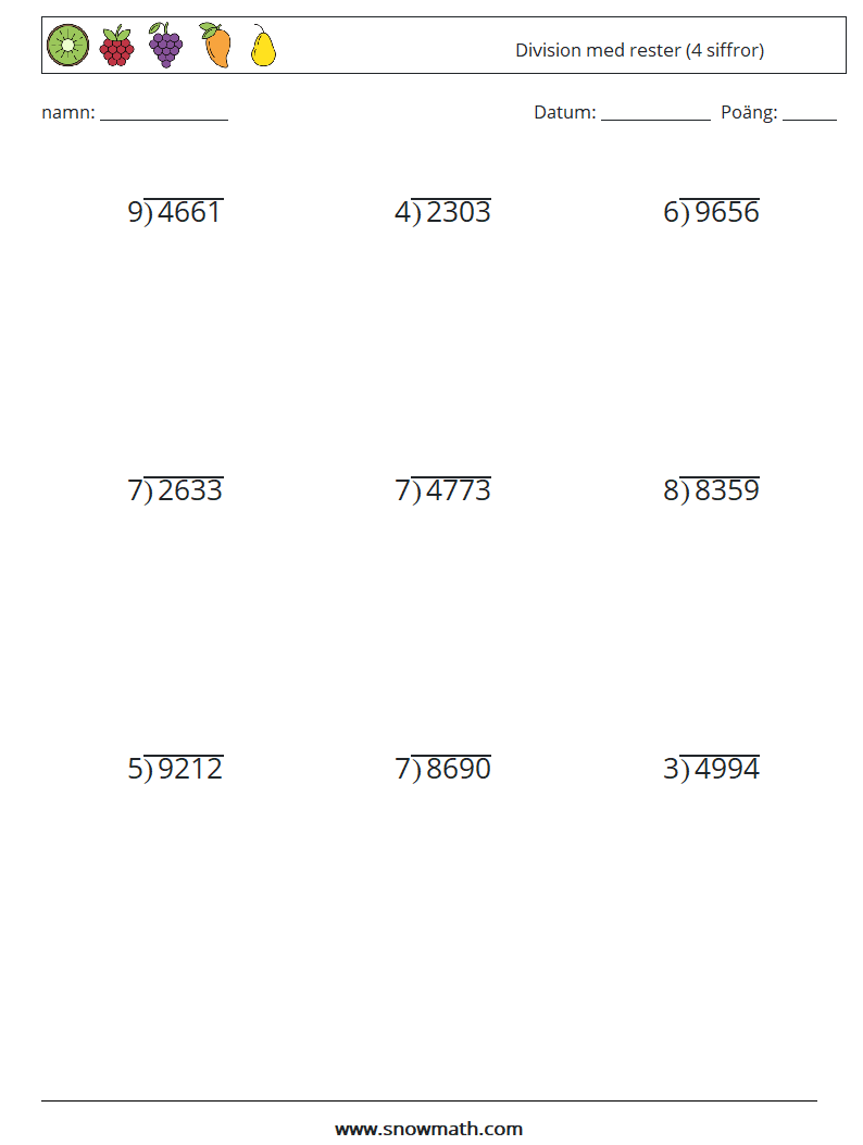 (9) Division med rester (4 siffror) Matematiska arbetsblad 15